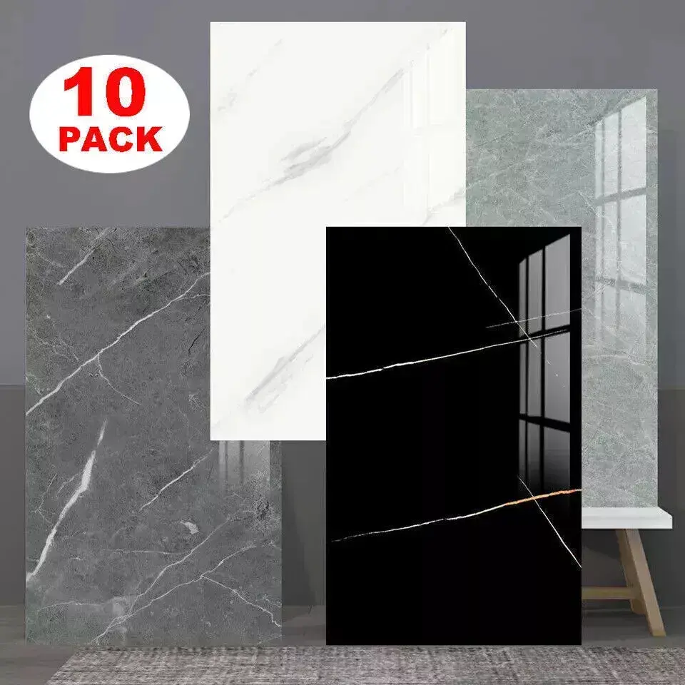 10x Marble Tiles Sticker Self-Adhesive for Kitchen, Home, Wall, and Bathroom Decor - White/Black