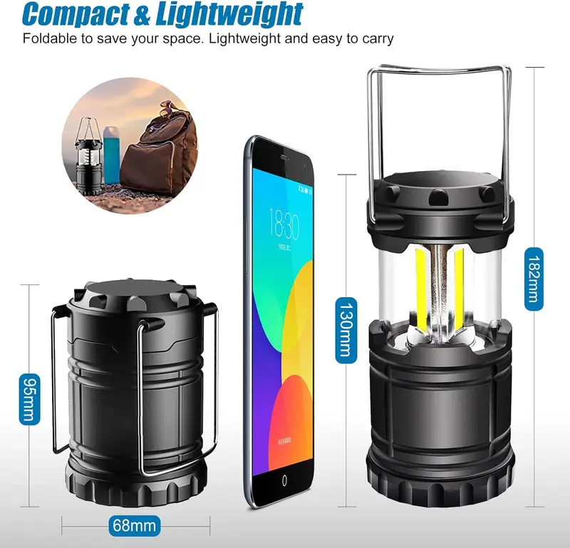 LED Camping Lantern, Battery Operated Collapsible Portable LED Lanterns, Emergency Lights with Foldable Hook for Hiking, Camping, Outages, Black(Pack of 4) 3