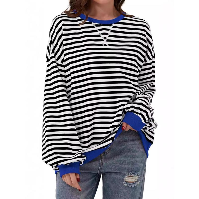 Women's Colorblock Striped Print Contrast Binding Drop Shoulder Sweatshirt, Casual Long Sleeve Round Neck Pullover for Fall & Winter, Ladies Clothes for Daily Wear, Tops for Women Womenswear Hoodie Bridal Comfort Crewneck Baggy Loose 3