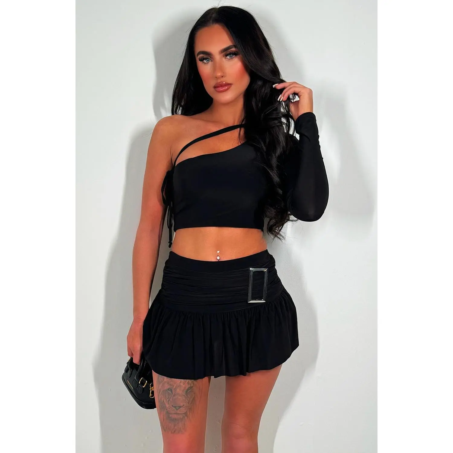 Skort And One Shoulder Crop Top Set Black