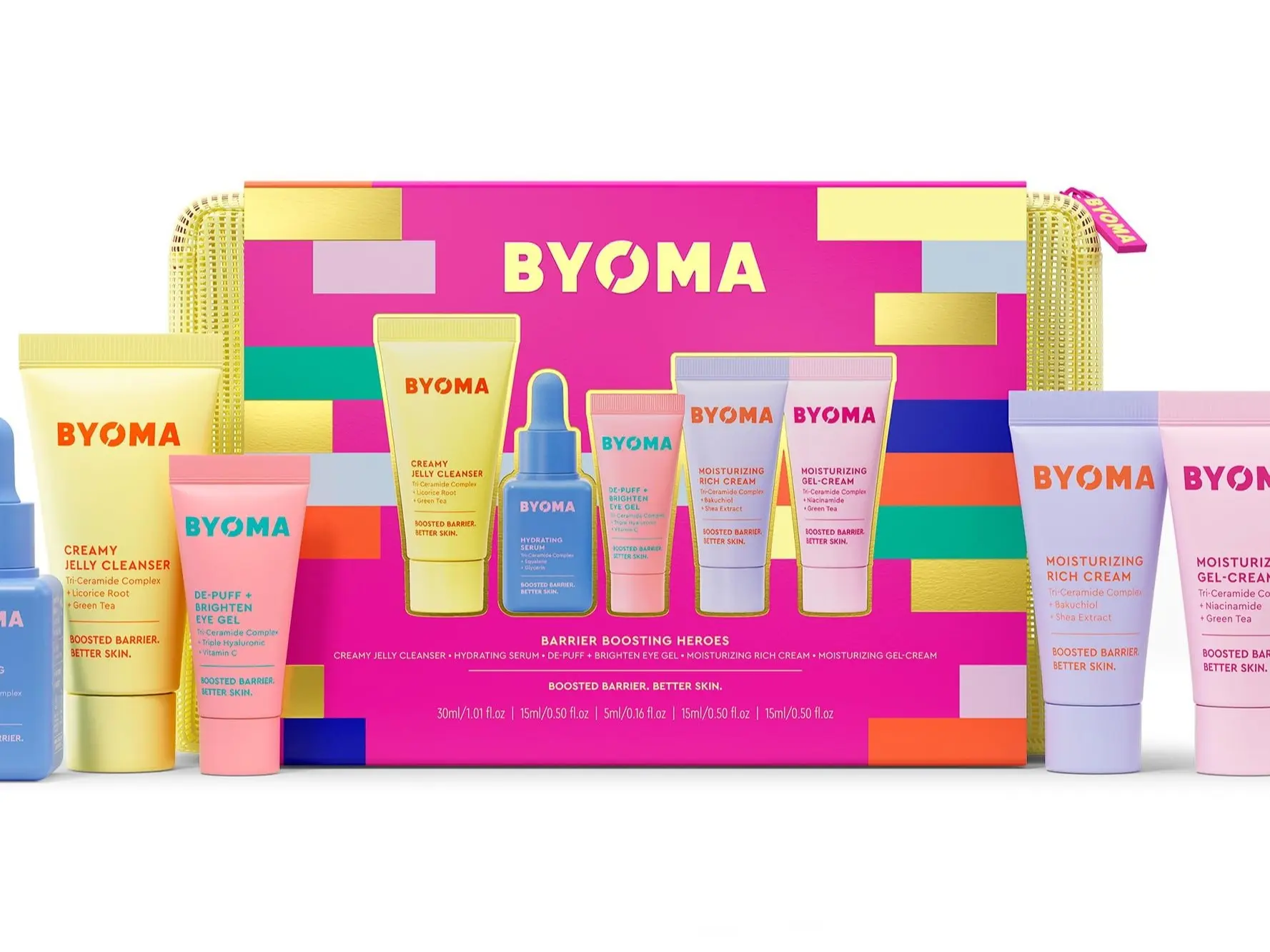 BYOMA Barrier Boosting Heroes - Contains 15ml Hydrating Serum, 30ml Jelly Cleanser, 15ml Rich Moisturizer, 15ml Gel Cream, 5ml Eye Gel