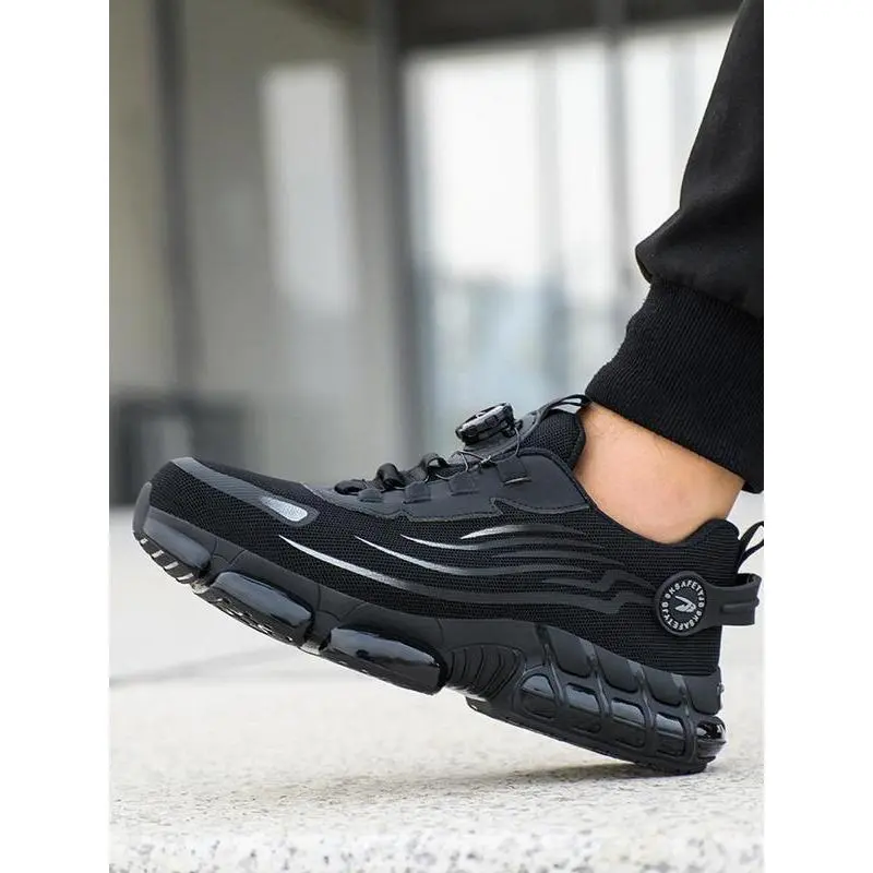 Men's Lace Up Low Top Anti Piercing & Anti Smashing Safety Shoes with Rotating Button, Back To School Casual Contrast Mesh Work Shoes, Contrast Mesh Footwear for Outdoor Boy Walking Shoes 6