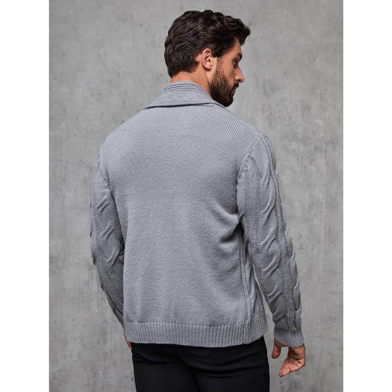 Manfinity RivetRise Men Shawl Collar Cable Knit Cardigan Chunky Plain Light Grey Urban Fashion Husband 4