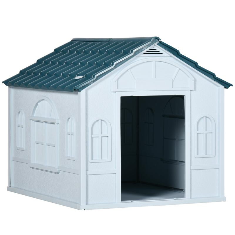PawHut Plastic Weather-Resistant Dog House, for Indoors and Outdoors, Medium Dogs - White and Blue 0