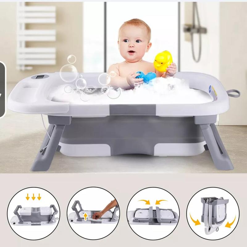 Foldable Baby Bath Tub Ergonomic with Temperature & Cushion Bath Pad + Bath Net 4