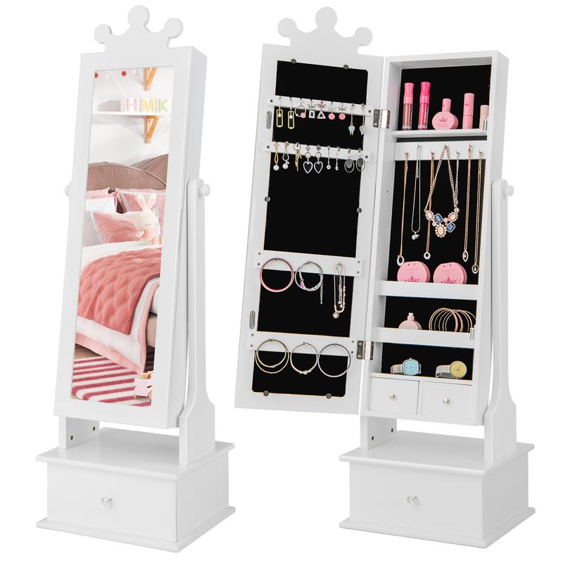 COSTWAY Kids Jewelry Cabinet Armoire with Full Length Mirror and 3 Storage Drawers 8