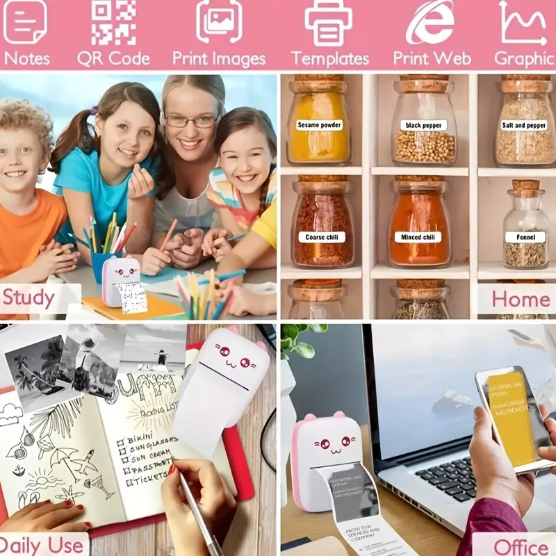 Portable Mini Thermal Printer - USB-Powered, 5 Rolls Self-adhesive Printing Paper,Cute Animal Design for Photos & Labels, Ideal for Travel, School, Office - Perfect Gift for Birthdays, Anniversaries 3
