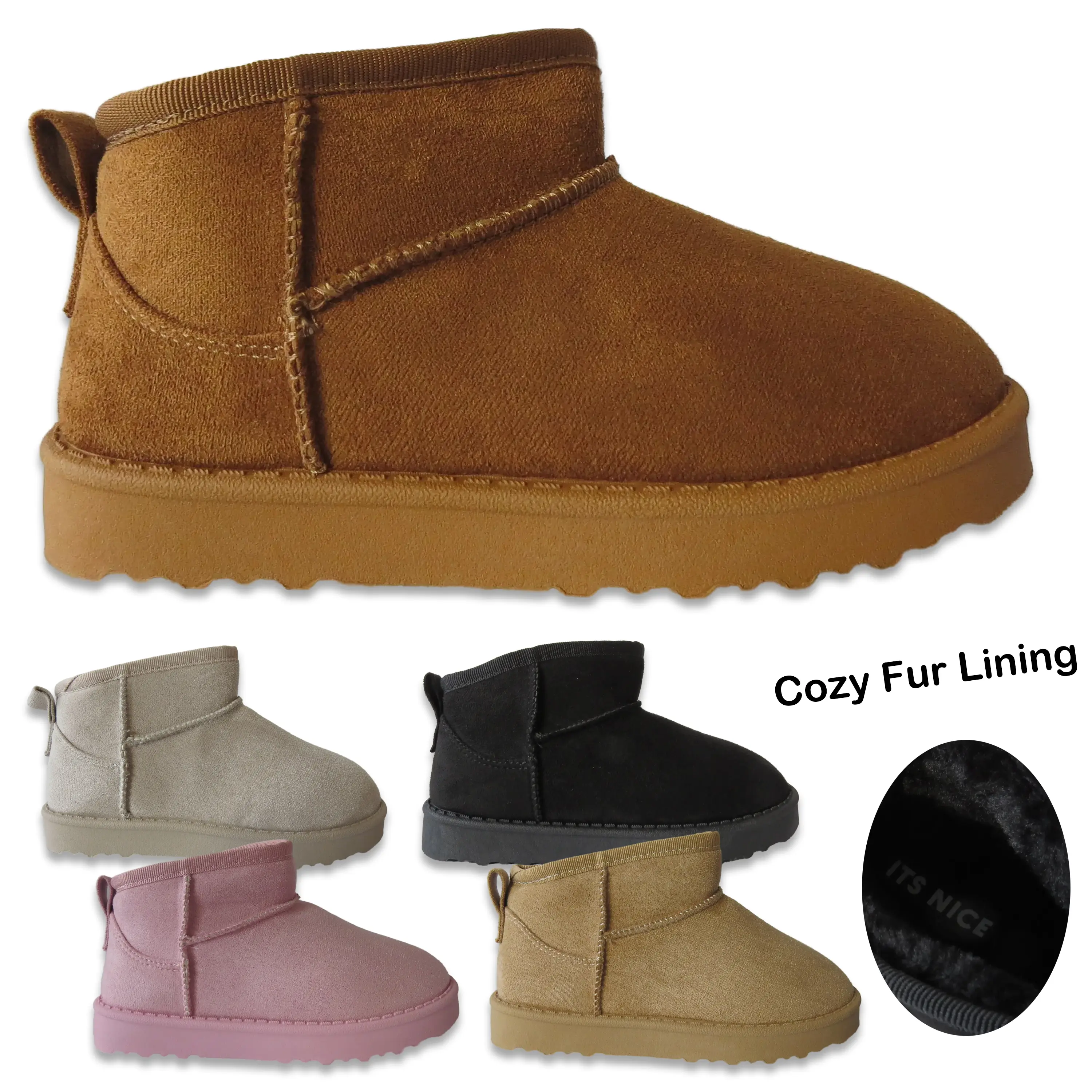 Cozy Kids Faux Suede Boots  Girls Fur Lined Comfort Ankle Boot Sizes 10-2, Five Stylish Colors , Winter Cosy Warm