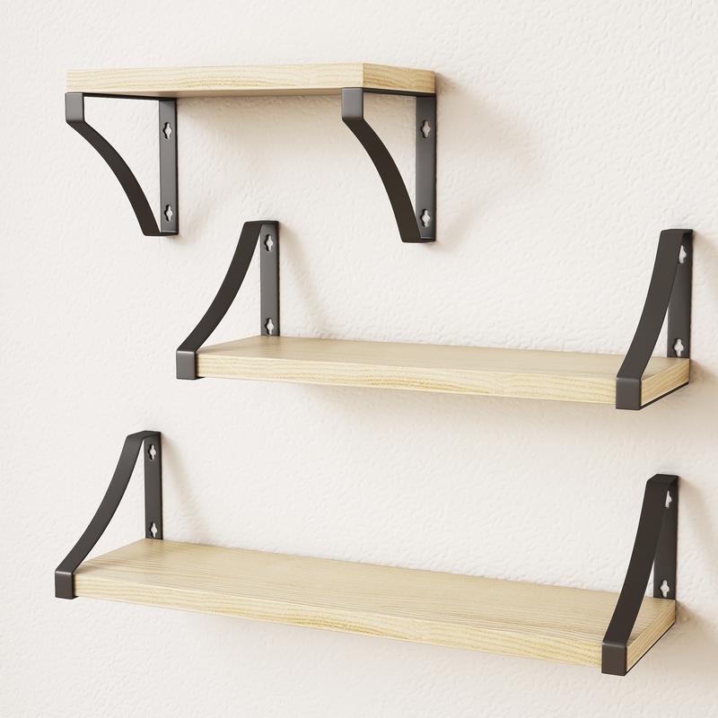 Floating Shelf Wall Mounted 3 Wood Shelves With Metal Brackets 0