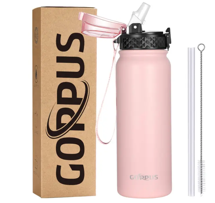600ml/20oz Stainless Steel Water Bottle with Straw Insulated Sports Bottle Cold Flask with Straw Double Walled Flip up Metal Water Bottles Leakproof Water Bottle for Gym Sports
