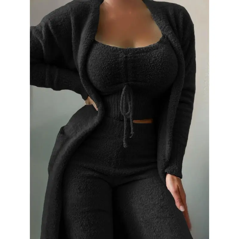 New Women's Plush Three Piece Lace up Pajama Set - Casual Set Pajamas 3
