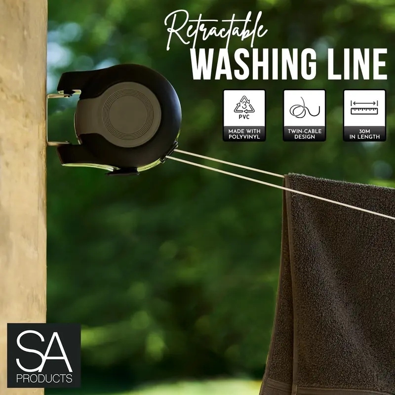 SA Products Wall Mounted Twin Cable Retractable Washing Line - 30m Long Clothes Line - Extendable Laundry Drying String Line Heavy-Duty Plastic & Polyvinyl - Ideal For Indoor & Outdoor Use - Black Accessories 1