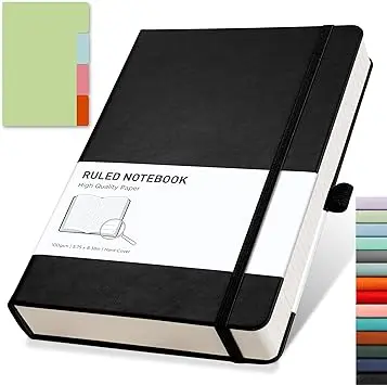 Lined Journal Notebook - A5 Note Book Hardcover Notepad 192 Numbered Pages for Writing,100gsm Lined Paper, Leather Hardcover, for Women Men Work Office School,14.5 x 21cm - Black