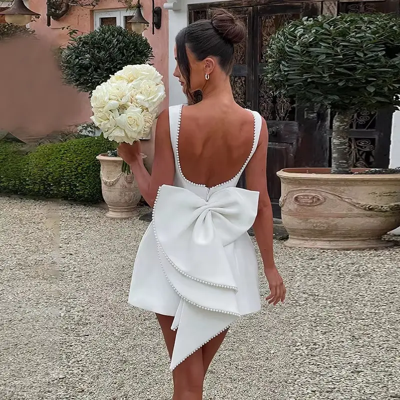 White Pearl Backless Bow Evening Party Dress Women 2025 Robes Elegant Sexy Dress Mini Summer Dress Vestidos