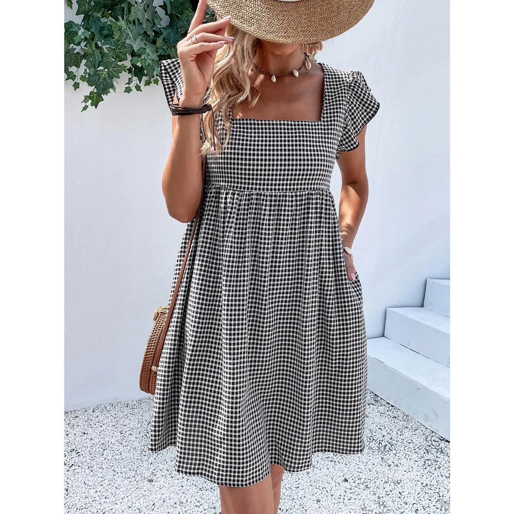 Holidaya Square Neck Gingham Smock Dress Vacation Beach Outfits Women