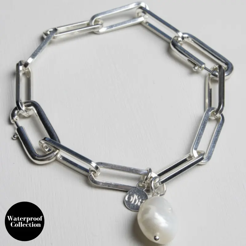 Belinda Waterproof Chunky Baroque Pearl Paperlink Bracelet - Silver Plated Stainless Steel 0