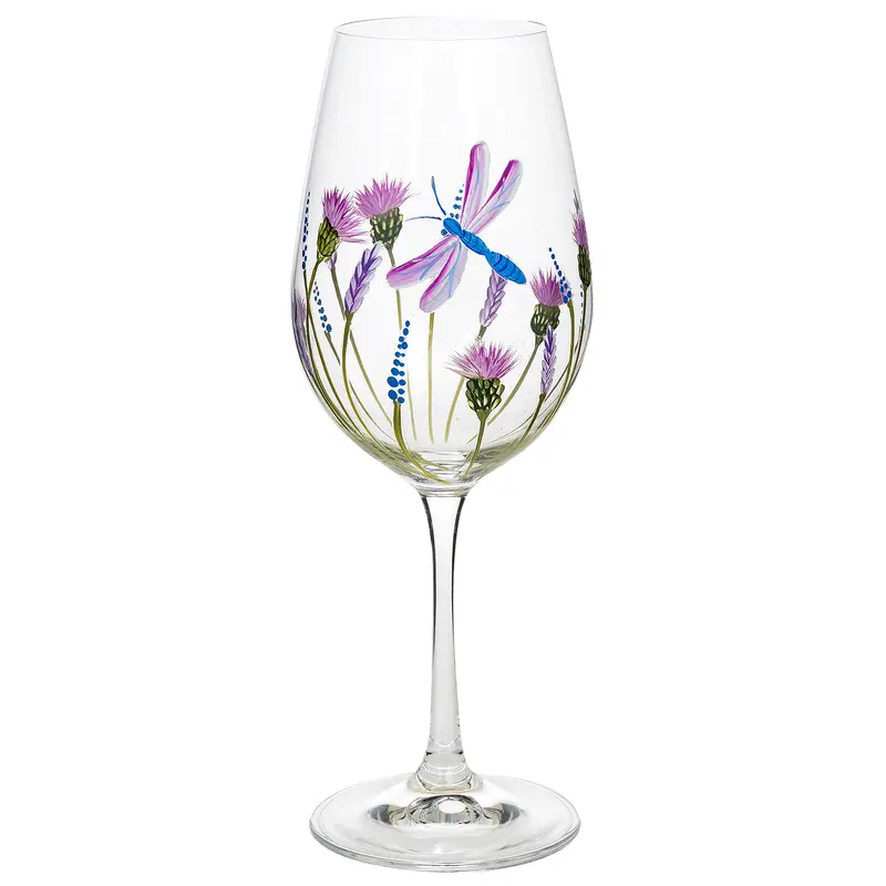 Shudehill Giftware Hand Painted Floral Design Wine Glass - Lavender, Poppy, Daisy, Butterfly, Bee, Dragonfly, Meadow Unique Pretty Designs Drinkware Drink 5