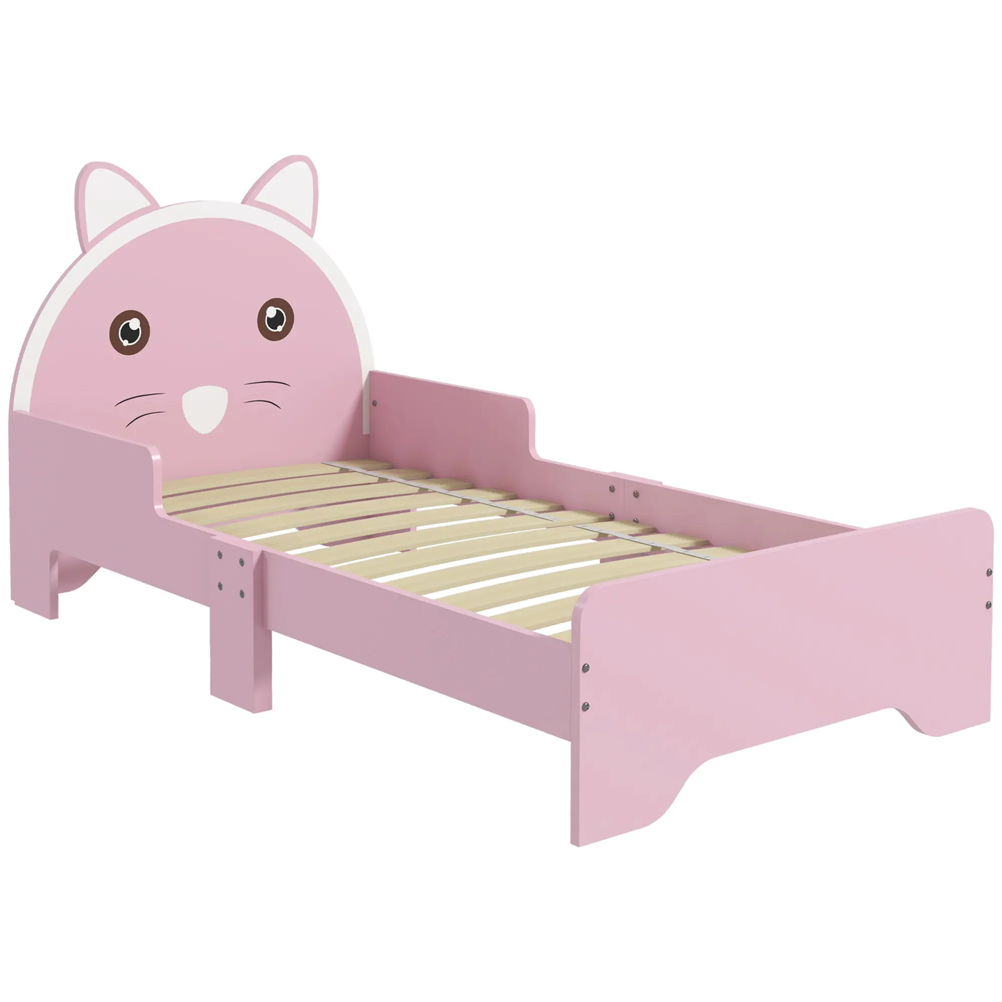 ZONEKIZ Toddler Bed Frame, Kids Bed Cat Design Princess Bed Bedroom Furniture with Guardrails, for 3-6 Years Old, 143L x 74W x 72Hcm - Pink