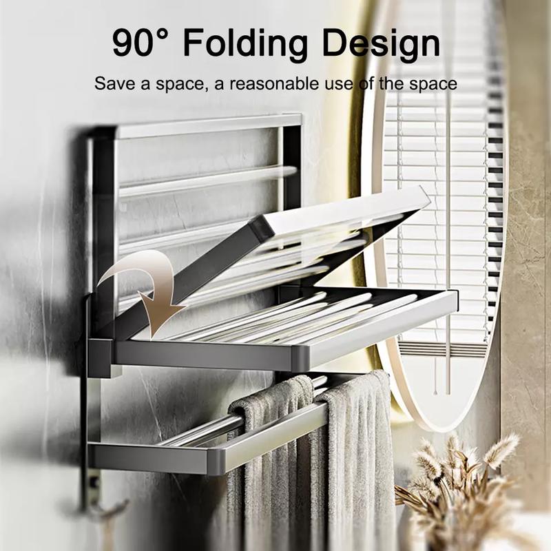 Double Tier Towel Rail Holder Wall Mounted Bathroom Rack Shelf With Hook Folding 4