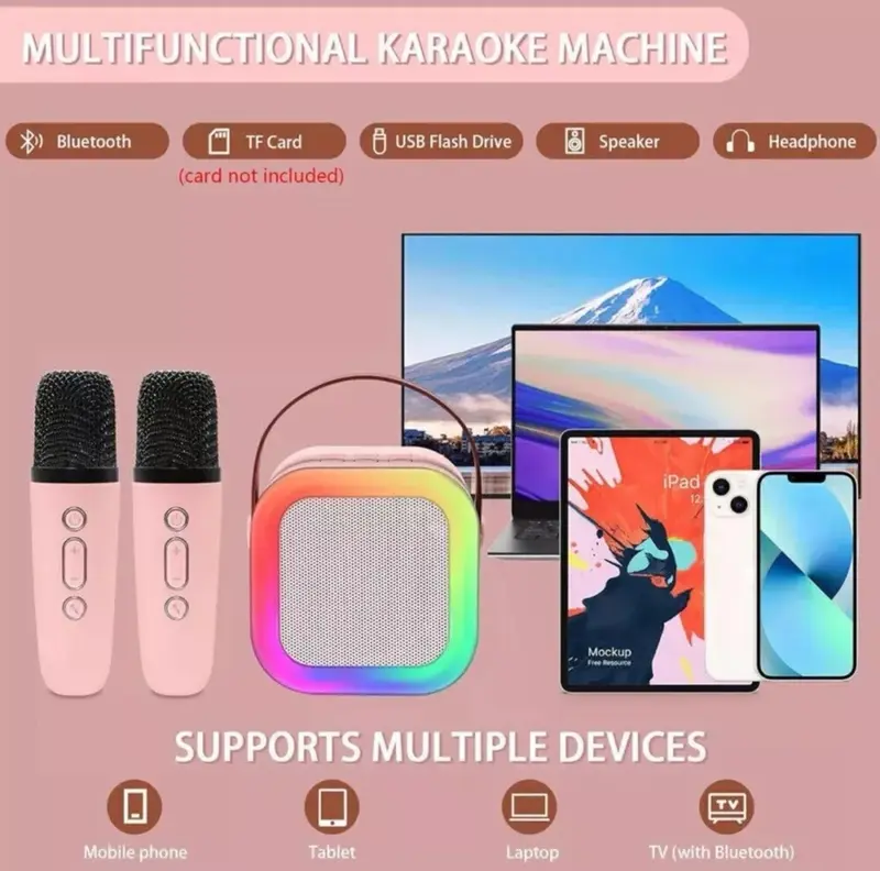 Mini Karaoke Machine Kids with 2 Microphone Portable Bluetooth Speaker with LED, Birthday Gift, Christmas Gift, Children Gift Audio Wireless Adjustable Button karaoke  machine mini karaoke Connection Ktv 7