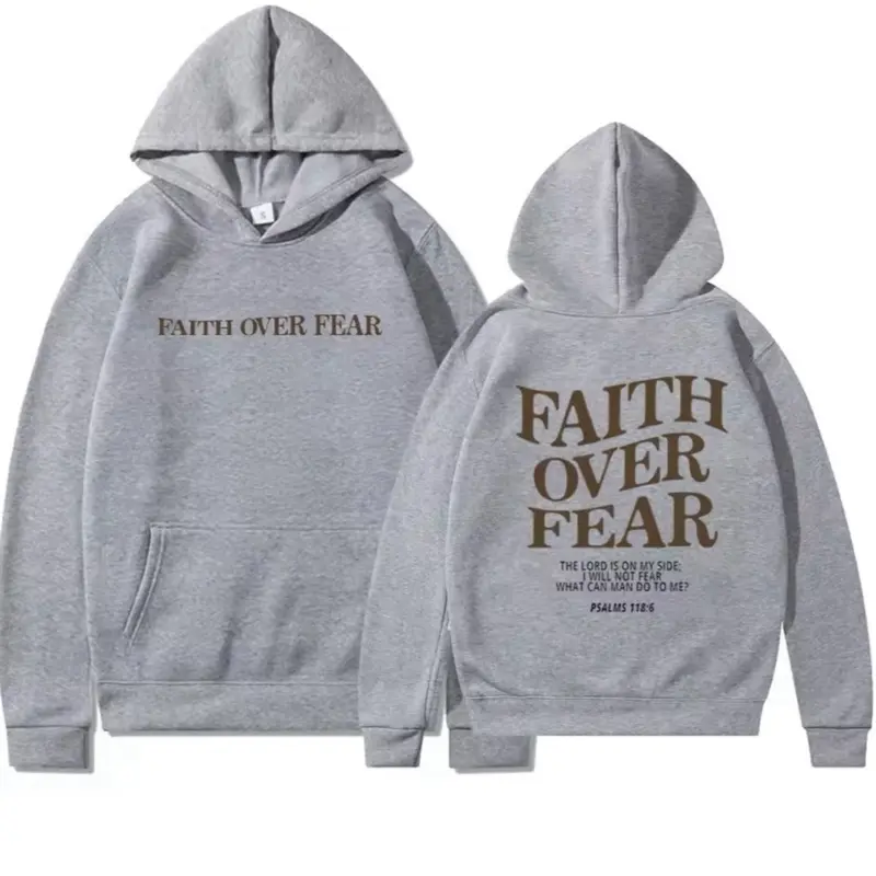Unisex Faith Over Fear Christian Hoodie with Bible Verse - Trendy and Aesthetic Christian Sweatshirt - Tops, Menswear