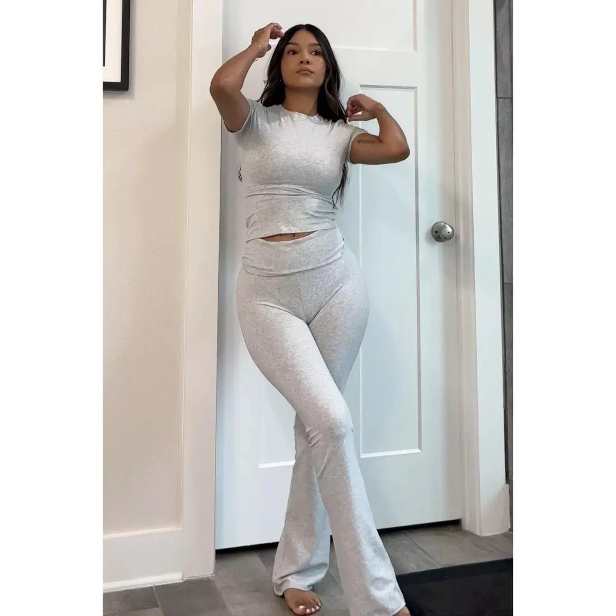 Promotion [2-4 days delivery] Leisure Fold Over Pants Suit Women Long Sleeve Slim Crop Top Flare Pants Sports Causal set Hottie Autumn Streetwear  seamless Womenswear Overalls Underwear Lady