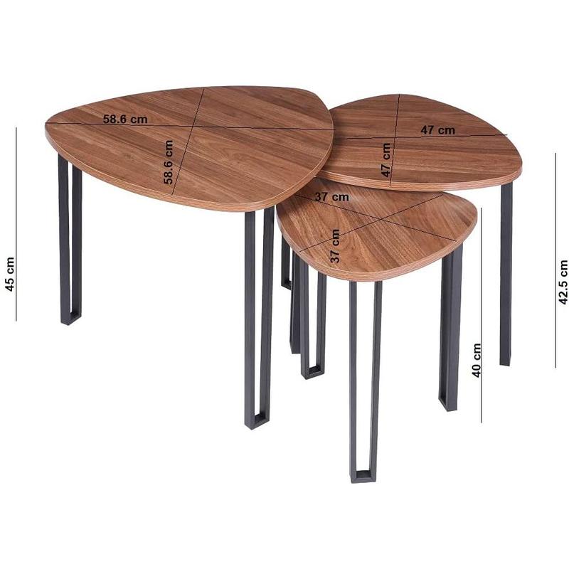 Set of Triangle Table Wood/Metal Coffee Living Room End Tea Nesting Tables Angled Legs 7