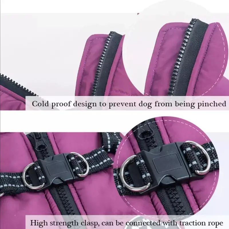 Dog Coat Waterproof With Harness Jacket Raincoat Winter Zip Coats Pet Hole Warm 3