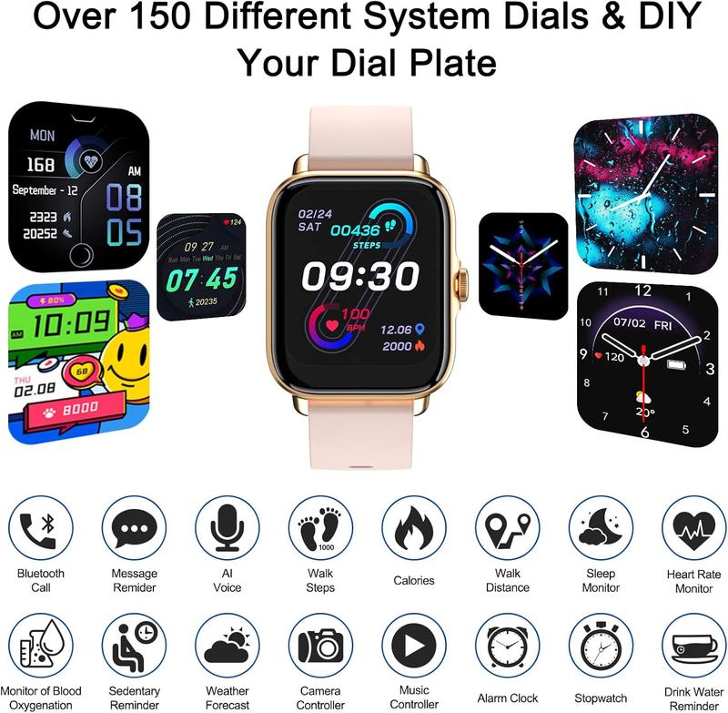 Smart Watch for Women Men with Calls and Texts, 1.7" Touch Fitness Watch with Step Counter/Blood Oxygen/Sleep Monitor, Health Tracking Waterproof Phone Watch for IOS Android Phone Compatible 2
