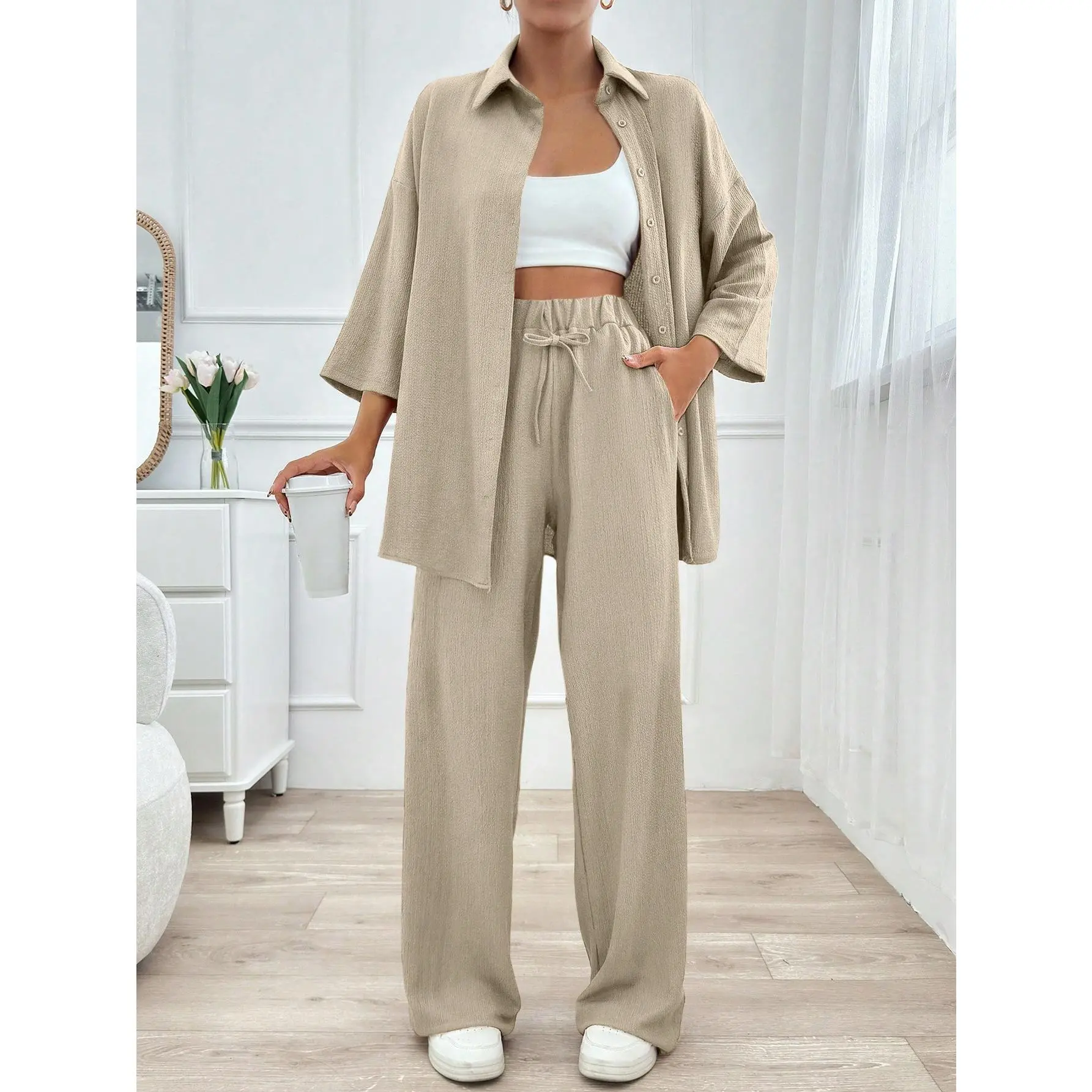 Women's Solid Color Drop Shoulder Long Sleeve Shirt And Self-Tie Waist Pants Casual Loose 2-Piece Suit, Spring And Summer[S20] Clothing Fit Womenswear Bottom Soft Top Fabric Comfort Gamis Trouser