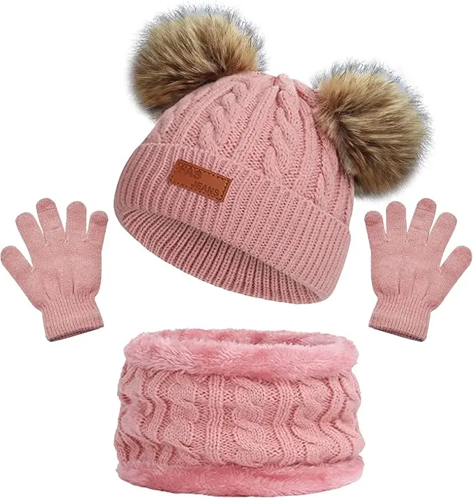 Kids Winter Warm Beanie Hat Scarf Gloves Set Thermal Knit Crochet Thick Fluffy Toddler Scarf Double Pom Pom Bobble Hat with Faux Fur for Girls Boys Children Toddler Aged 3-8