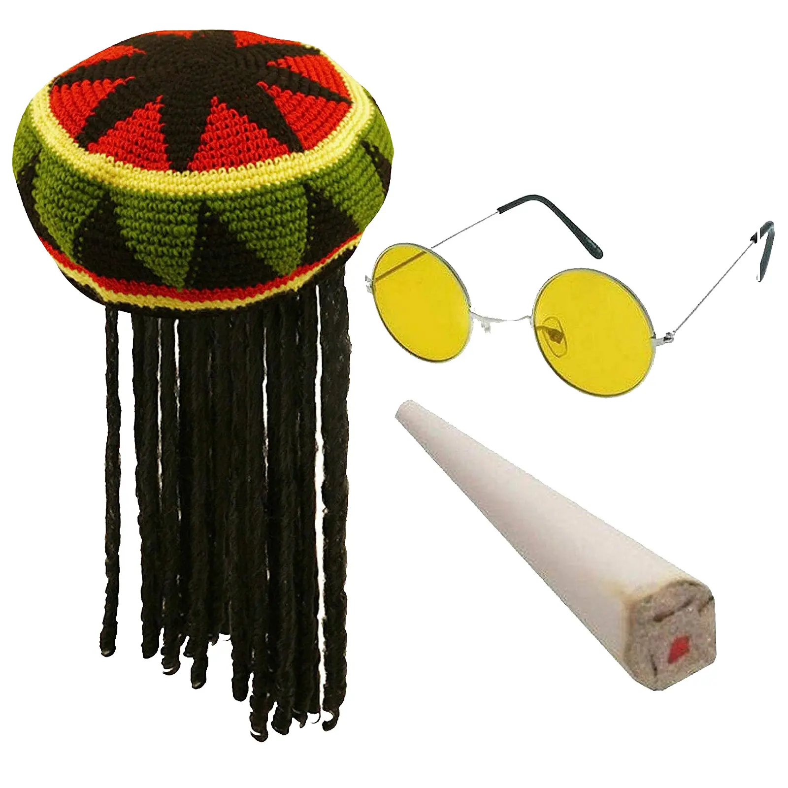 Adults Rasta Jamaican Hat with Dreadlocks Fake Spliff Yellow Round Glasses Caribbean Fancy Dress 3 Pcs Set Menswear Clothing
