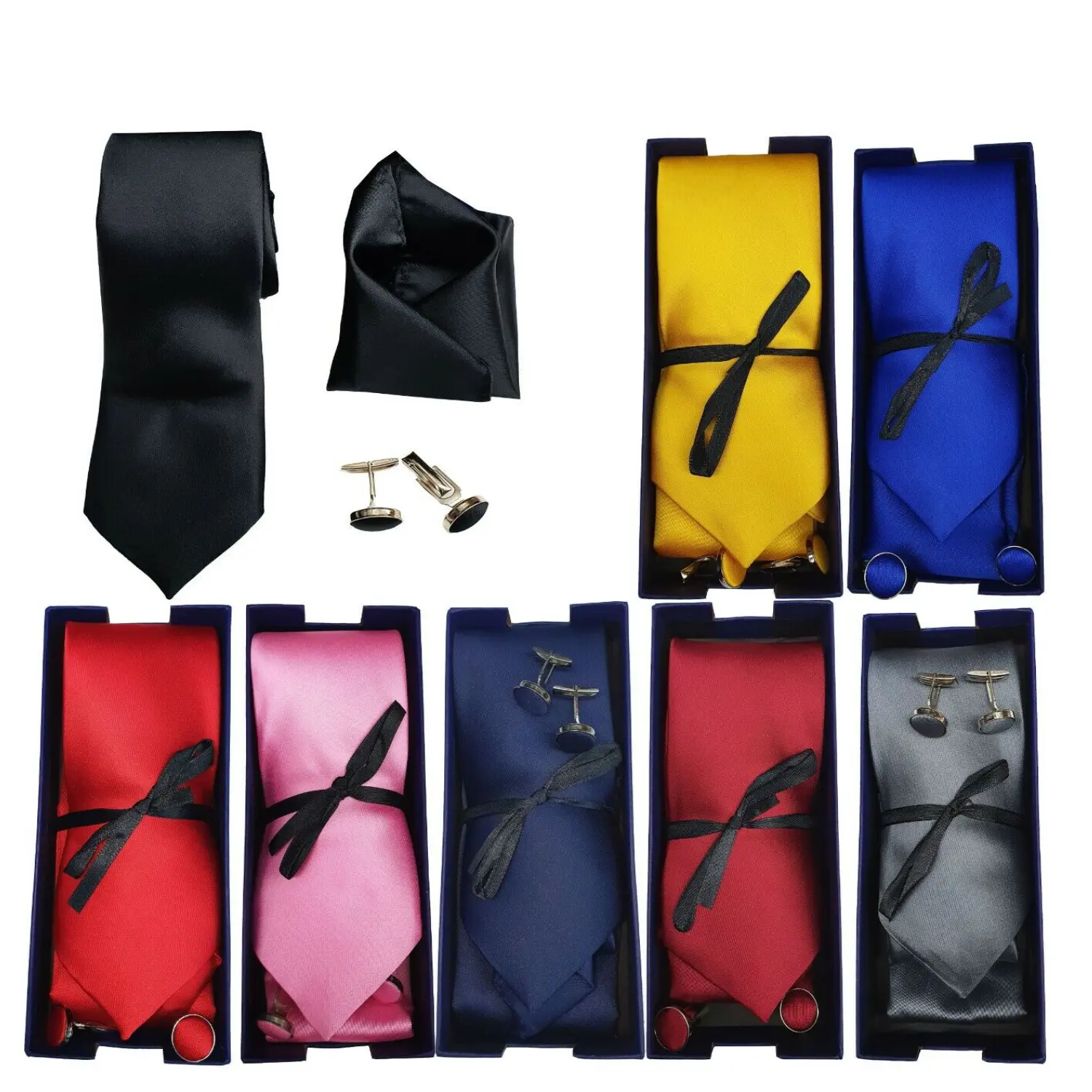 Men's Skinny Tie Classic Satin/Silk Cufflinks Pocket Square Wedding Plain Smart