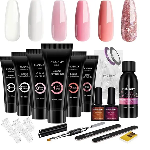 Phoenixy 6 Colors Poly Gel Nail Kit with U V Light, 16pcs/set Nail Extension Gel Design Kit, Nail Art & Nail Polish for Beginners Manicure Cutics Comfort Cosmetic
