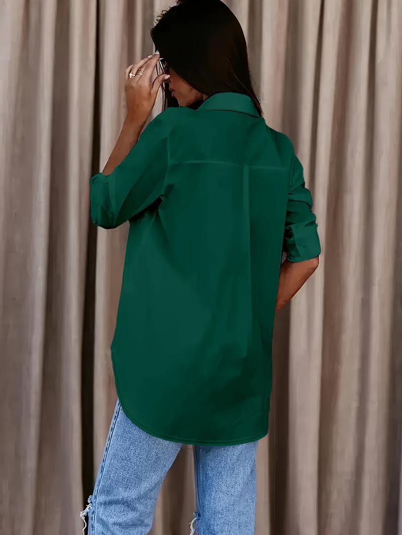 Product Introduction of Solid Button Front Shirt, Casual Turn Down Collar Office Work Shirt, Women's Clothing 1