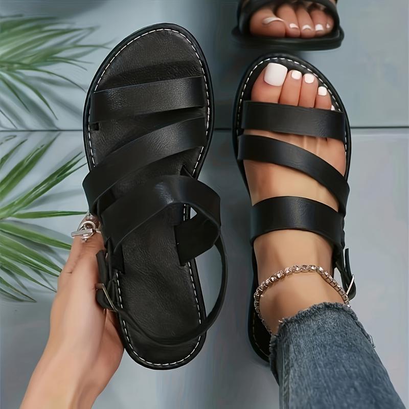 Product Introduction of Stylish Women's Roman Flat Sandals - Comfortable Solid Color Open Round Toe Ankle Strap Shoes with Adjustable Buckle, Perfect for Casual Beach, Summer, Vacation, and Outdoor Activities 1