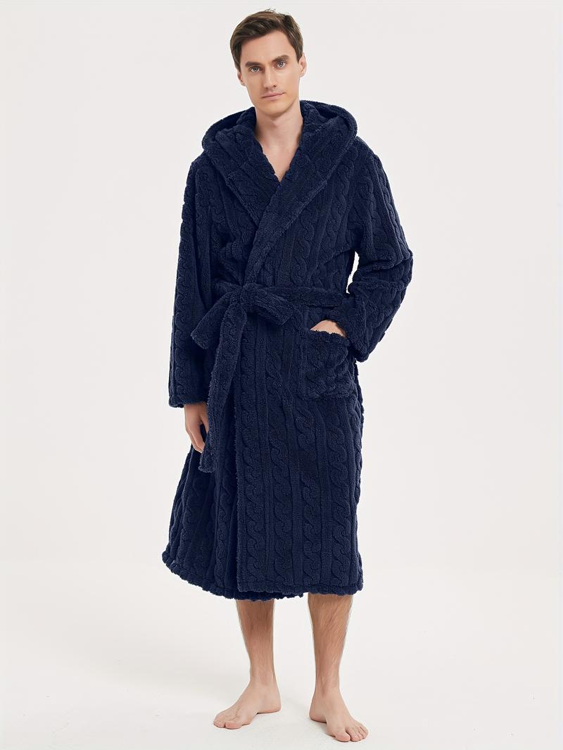 Product Introduction of Men's Comfy Solid Fleece Robe Home Hooded Pajamas Wear With Pocket & Hair Dry Hat, One-piece Lace Up Kimono Night-robe Warm Sets After Bath 8