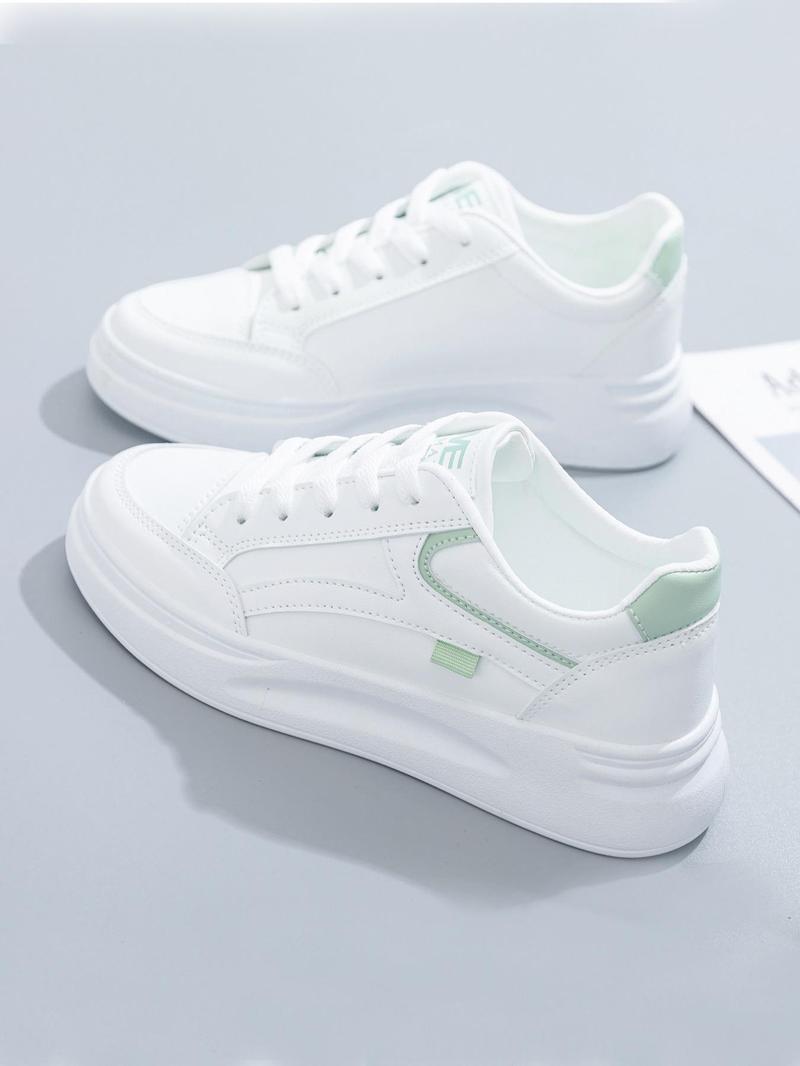 Product Introduction of Women's Fashion Plain Lace Up Front Low Top Skate Shoes, Casual Lightweight Breathable Comfortable Patched Design Sports Shoes, White Sneakers for Daily Wear Running Runner Training Trainer Walking Shoes Closed Athletic Footwear 9