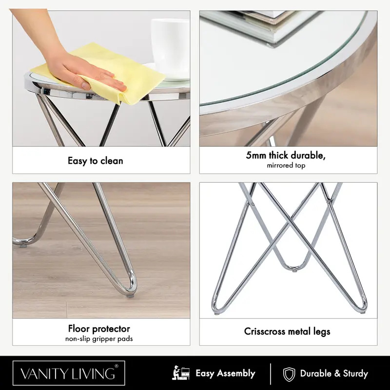Round Side Table for Living Room Furniture, 50cm Clear Glass Top Sofa Table for Small Spaces, End Table with Chrome Metal Legs 8