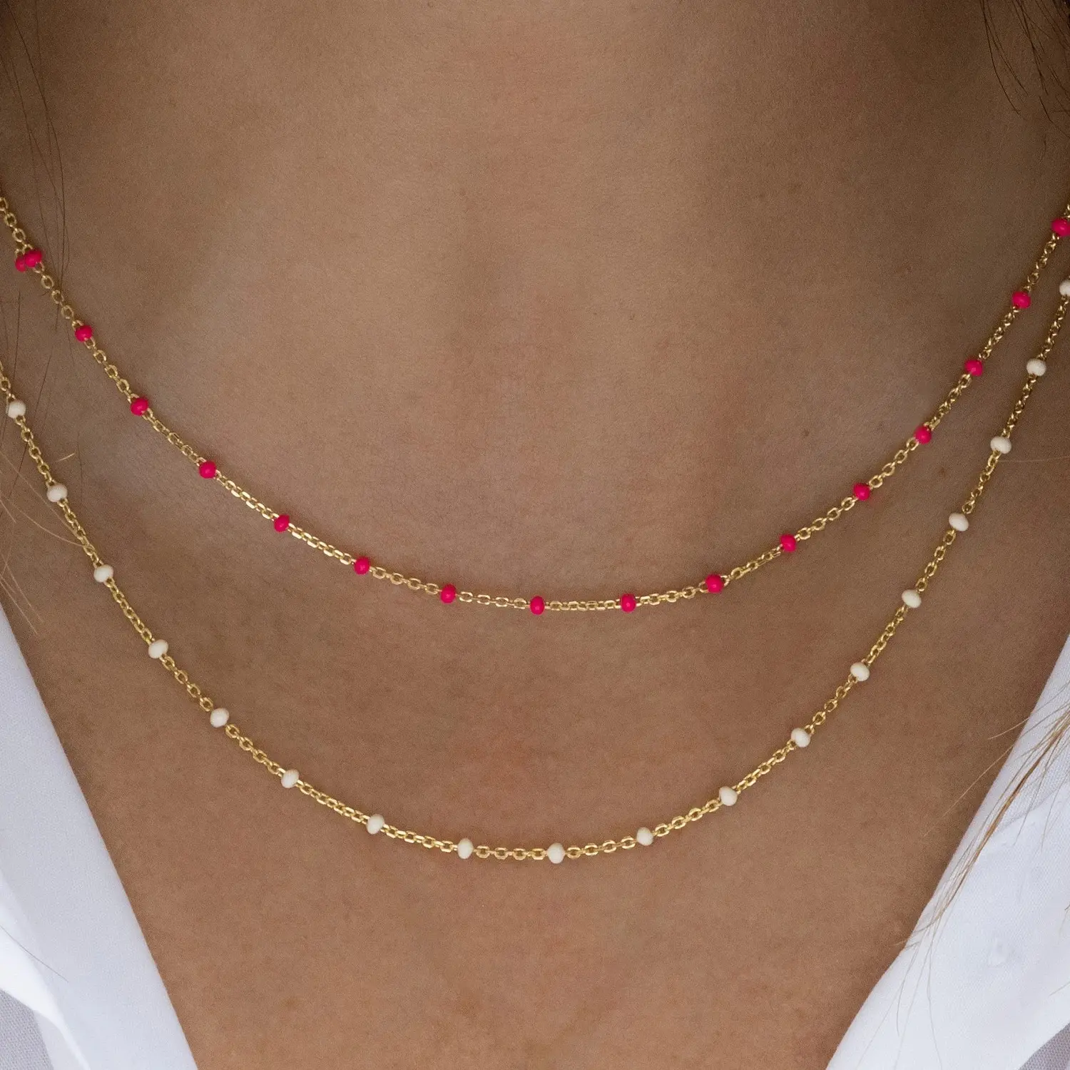 Dainty Enamel Beaded Necklace - Stainless Steel