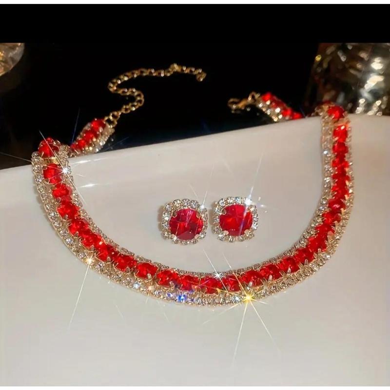 Full Round Shape Red Rhinestone Inlaid Stud Earrings & Bracelet Bling Bling Luxury Style Banquet Jewelry Set 1