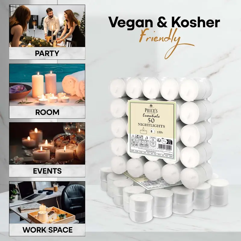 50 Pack 8 Hour Tea Lights - Clean Vegan & Kosher Friendly, Long Burning & Unscented Tealights for Everyday Use - Ornaments, Decor 3