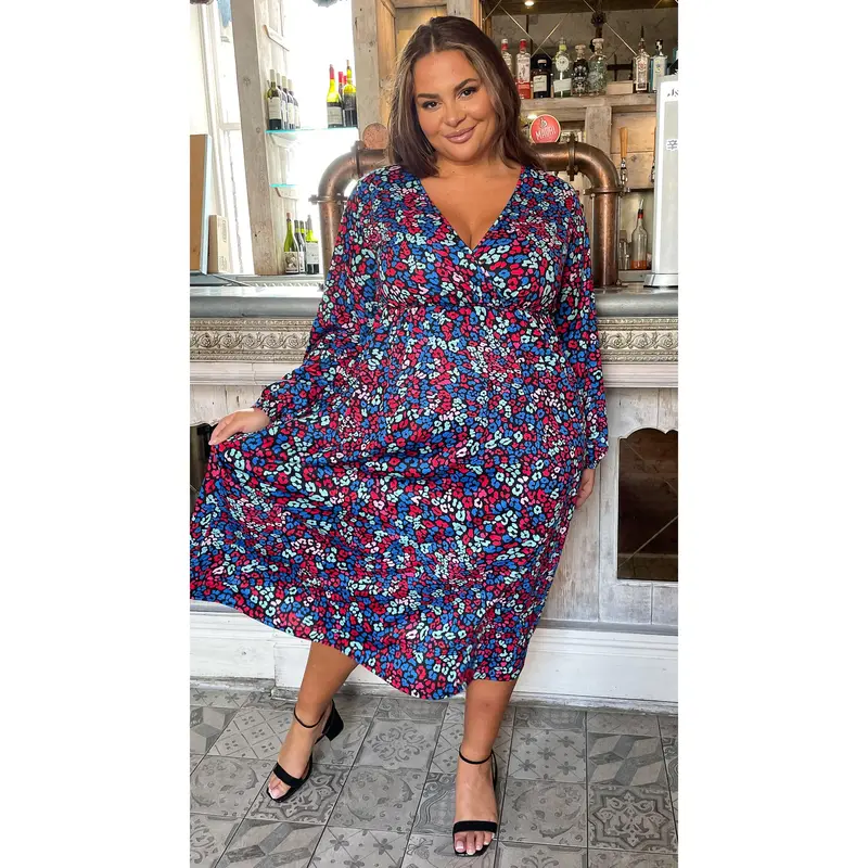 CurveWow Wrap Balloon Sleeve Midaxi Dress Leopard 2
