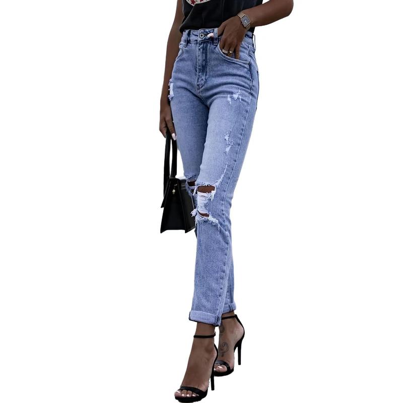 Elastic distressed leggings jeans Elastic ripped women's straight skinny hip-lifting fashion jeans Womenswear Bottom Basic Denim Pants Streetwear Lady Trouser Comfort 2