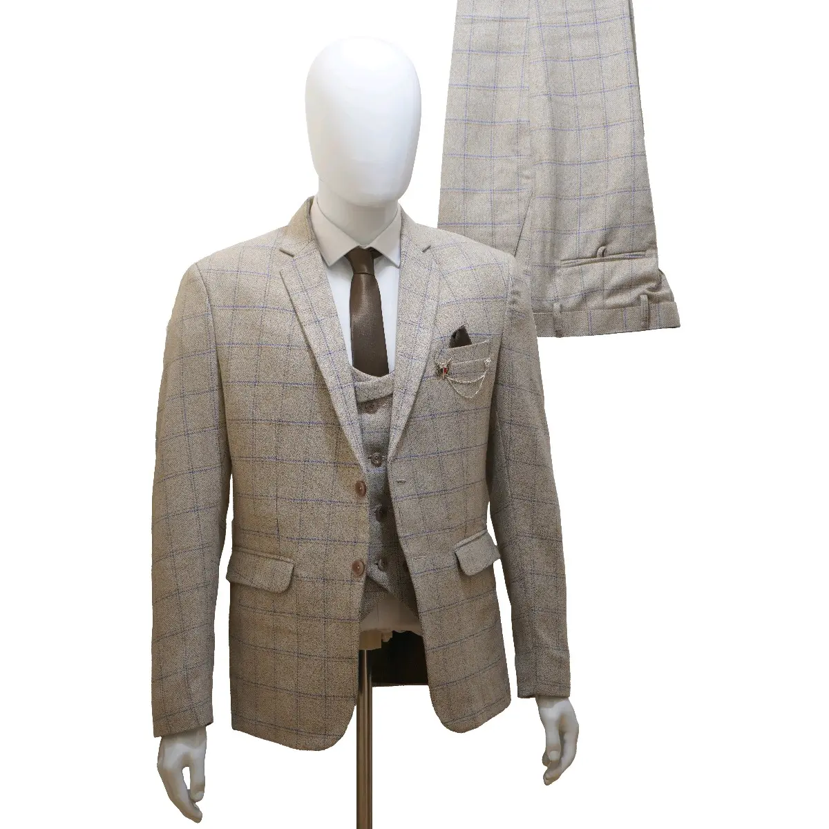 Men's Wool 3 Piece Suit in Tweed Beige with Check Pattern, All Seasons, Waist size 30-42, Leg length Short or Regular