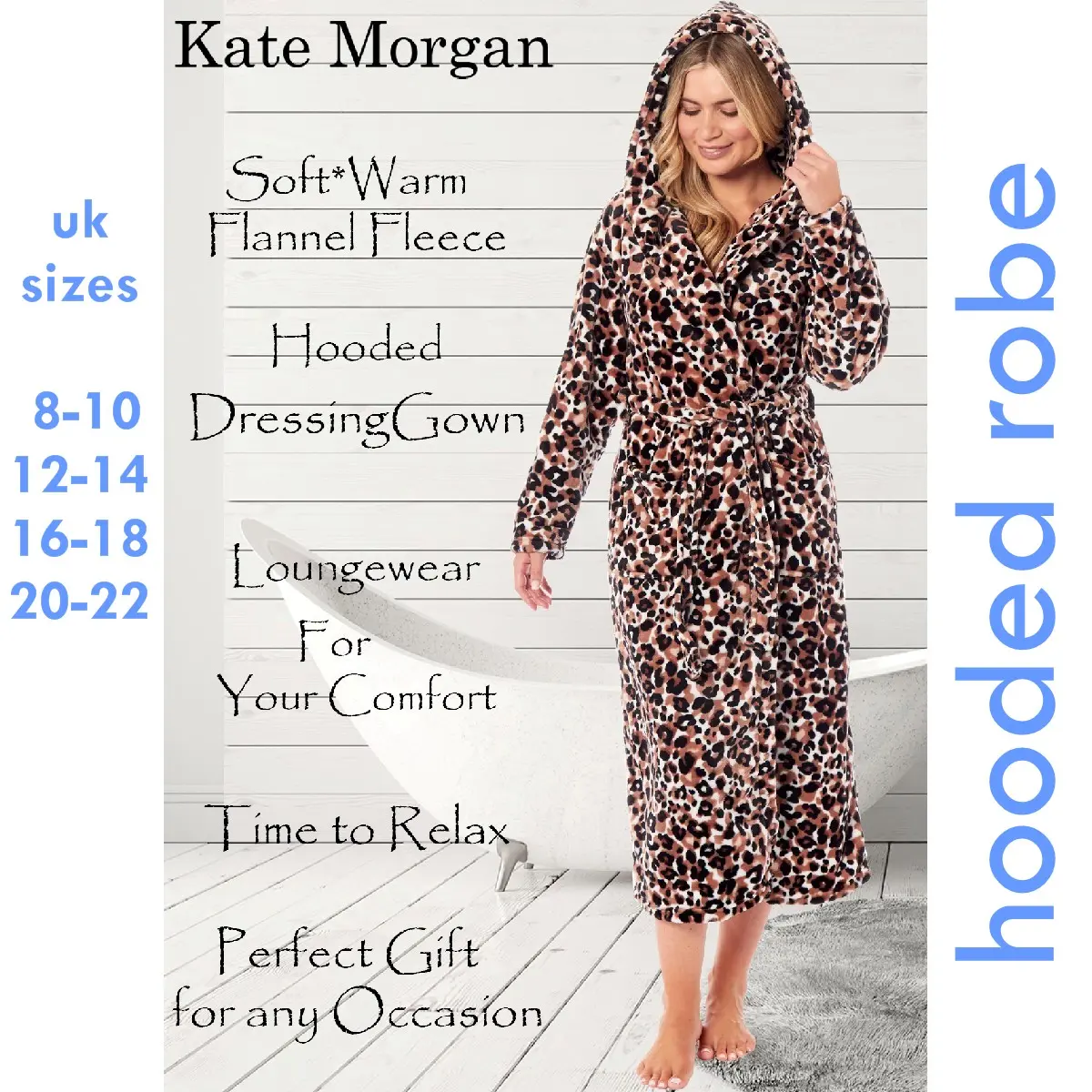 KATE MORGAN Womens Hooded Dressing Gown Loungewear Fleece Robe Leopard Ideal Ladies Gifts UK sizes 8-10 12-14 16-18 20-22