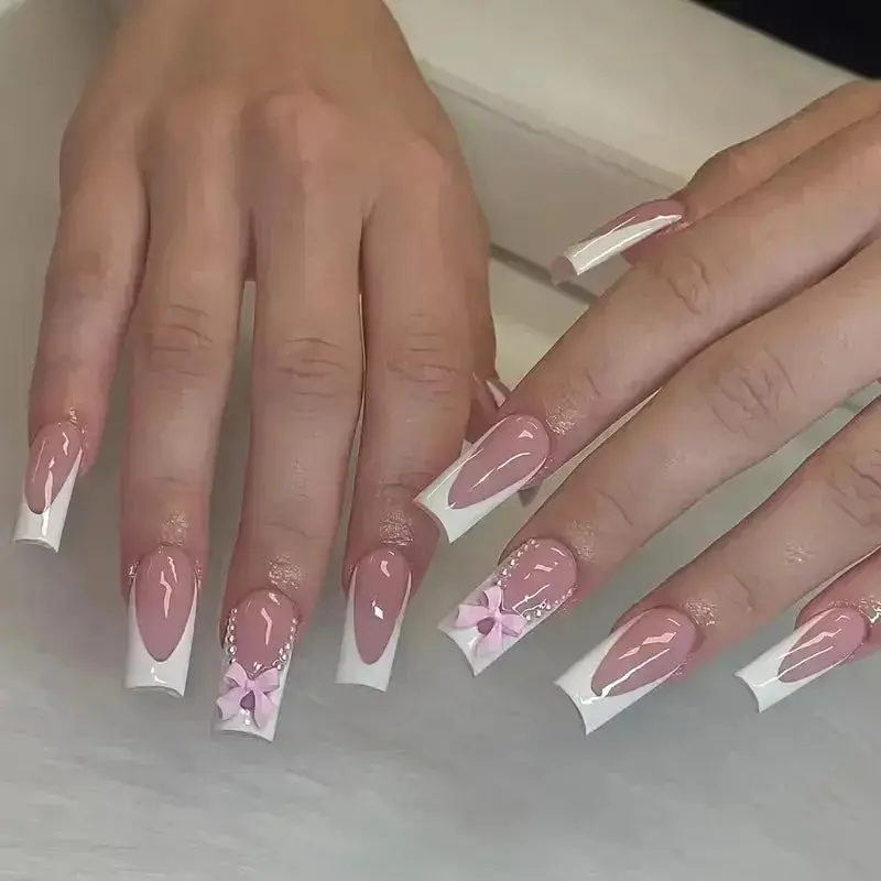 Pink French Style 3D Bowknot Press-On Nails Default 5
