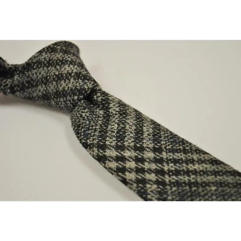 grey, black and navy check tweed wool skinny tie 2