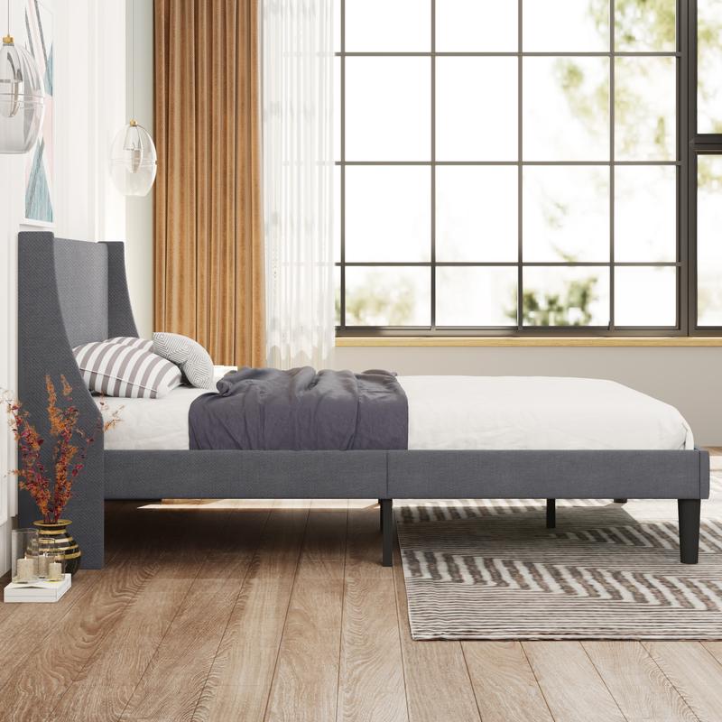 Single Bed Soft Linen Grey 3FT Upholstered Bed with Winged Headboard, Wood Slat Support 1
