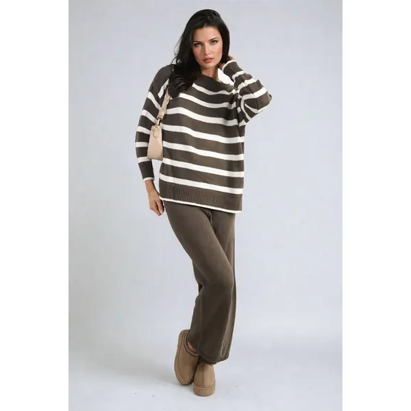 Fatima Cozy Striped Knitted Long Sleeve Top & Pants Co-ord Set